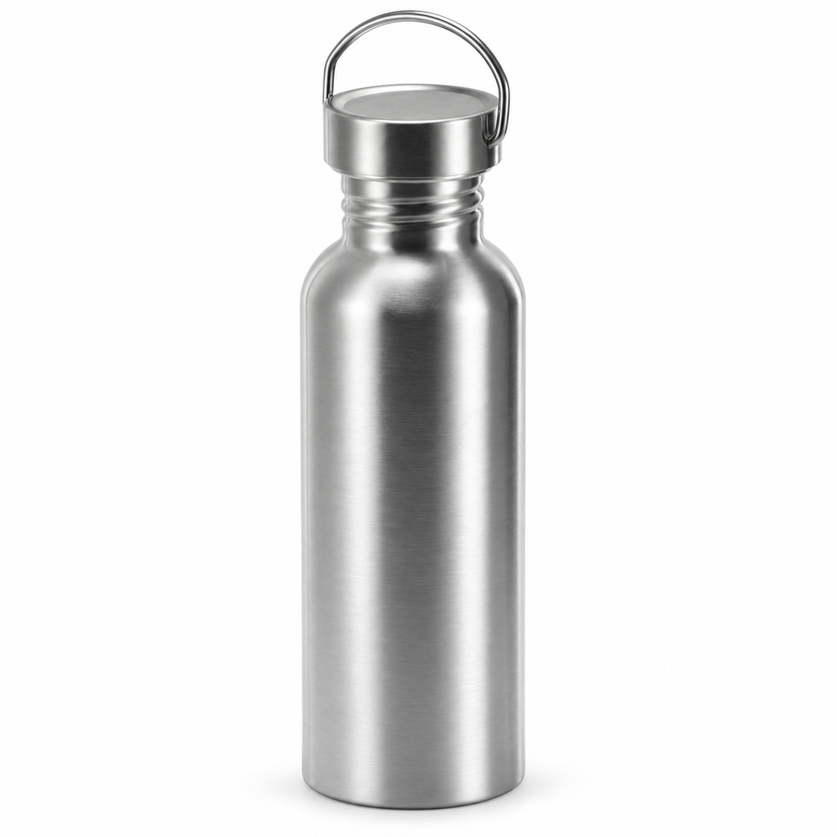 SOLV 24, 24 oz brushed stainless steel bottle with stainless cap and carry loop, front view