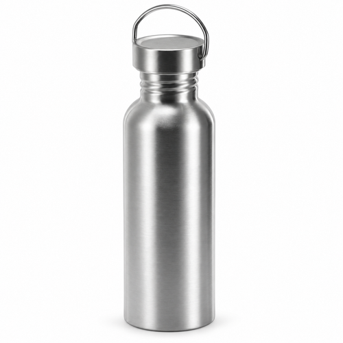 SOLV 24, 24 oz brushed stainless steel bottle with stainless cap and carry loop, front view